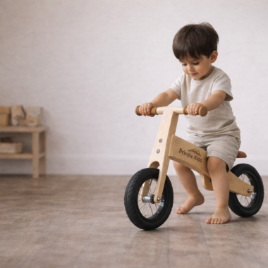 2-4 yaş doğal ahşap denge bisikleti kullanan çocuk